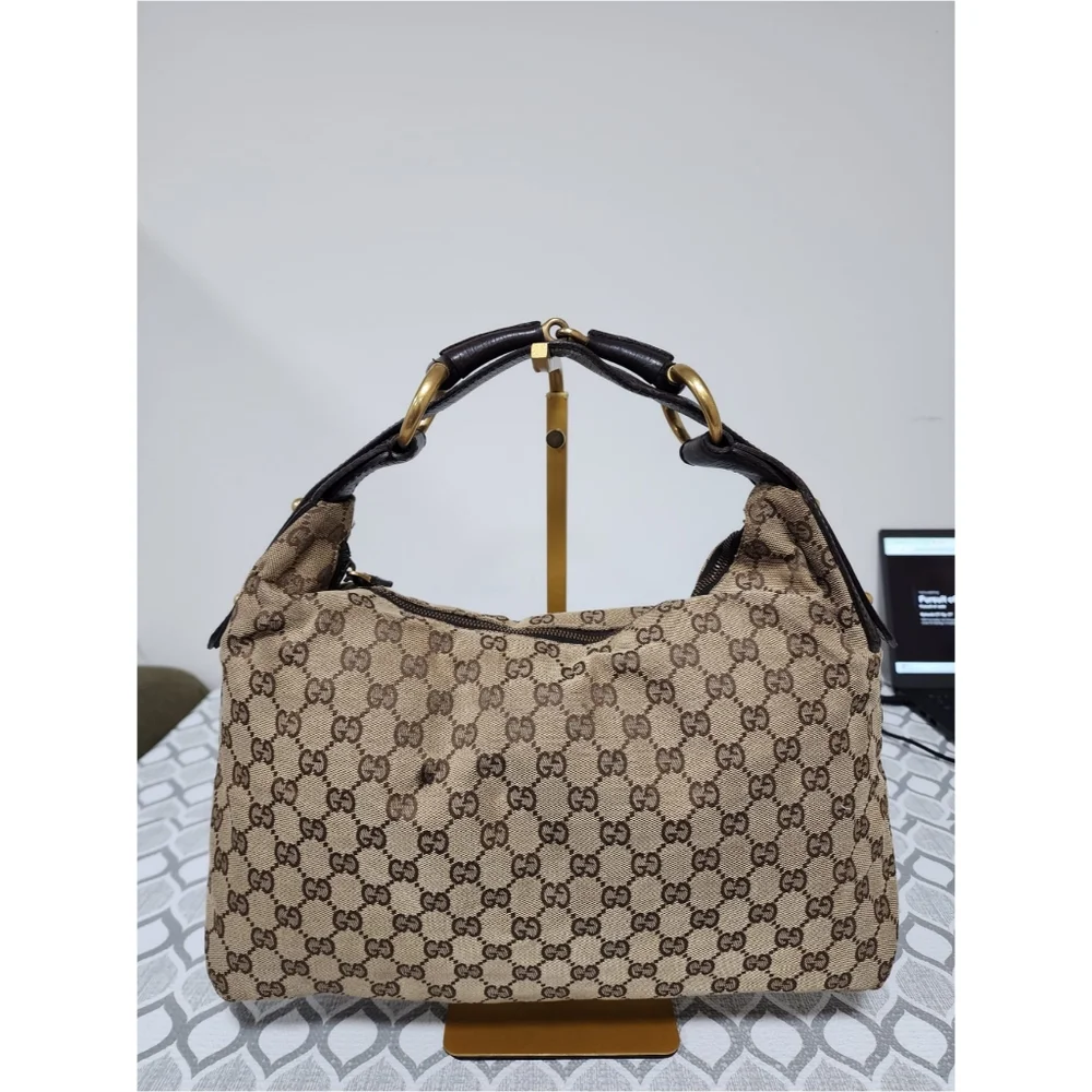 Gucci Beige/Ebony GG Canvas Medium Horsebit Hobo Bag